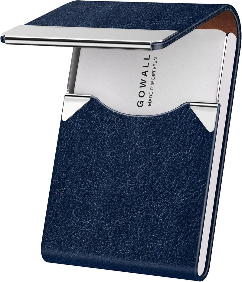 GOWALL Business Card Holder with Magnetic Closure, Slim Metal PU Business Card Case for Men Women, 3.7 x 2.3 inches RFID Blocking Credit Cards Holder for Pocket or Bag Storage, Dark Blue - Image 1